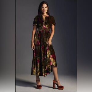 Anthropologie Somerset Maxi Velvet Dress Green Floral